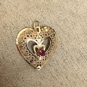 14k Solid Gold Heart Pendant with Red Stone- .63g